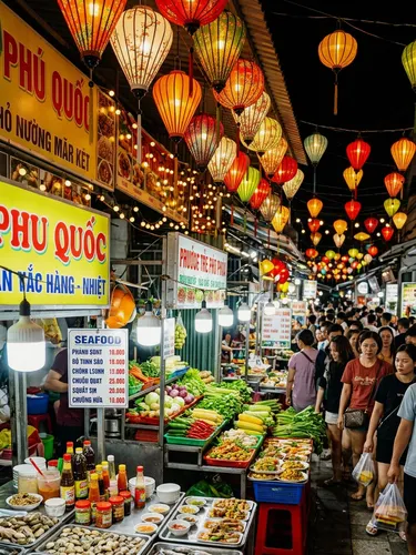 Street food stalls glowing at the night market in Phu Quoc, Vietnam